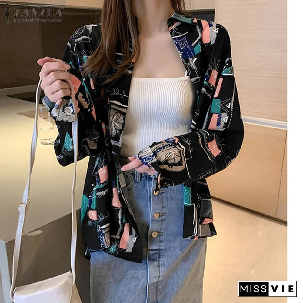 Blouse Women Retro Female Printed Single-breasted Spring Button Straight Long-sleeve Vintage Shirt Top
