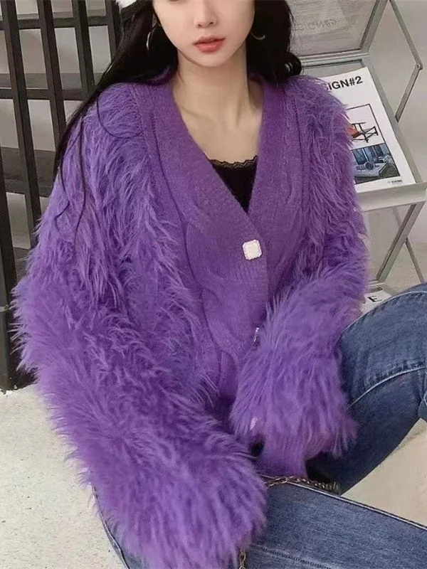 Toloer Toloer Autumn Winter New East Gate Imitation Mink Wool Coat Female Design Sense High Waist Short Knit Cardigan Coat-Outfit Ideas
