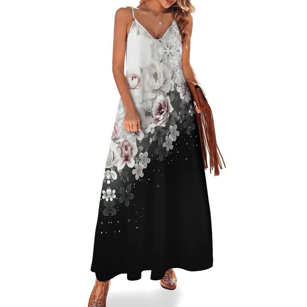 Style & Comfort for Mature Women Plus Size Printed Sling Casual Women Maxi Dress in Pattern Floral, Black, Pink