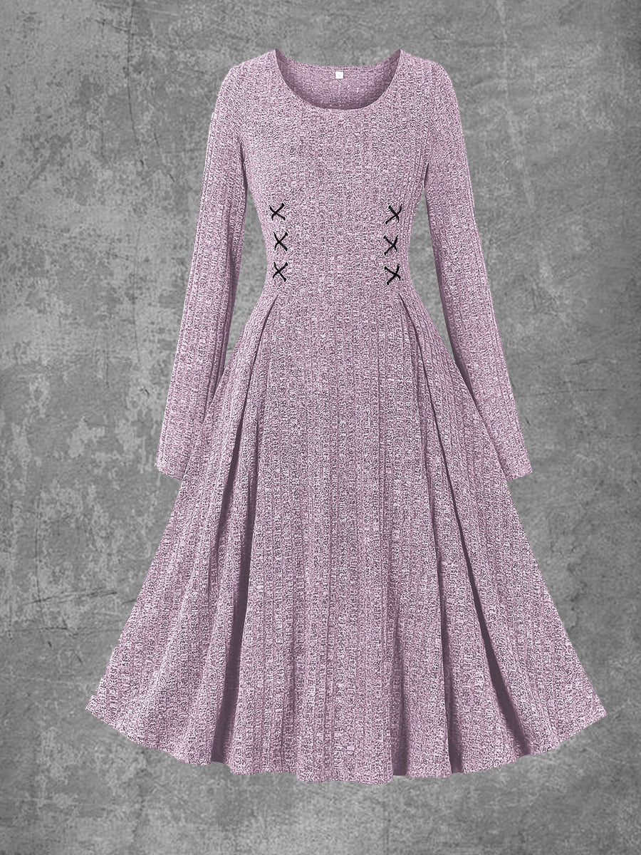 Solid Color Long Sleeve Round Neck Vintage Elegant Knitted Midi Dress