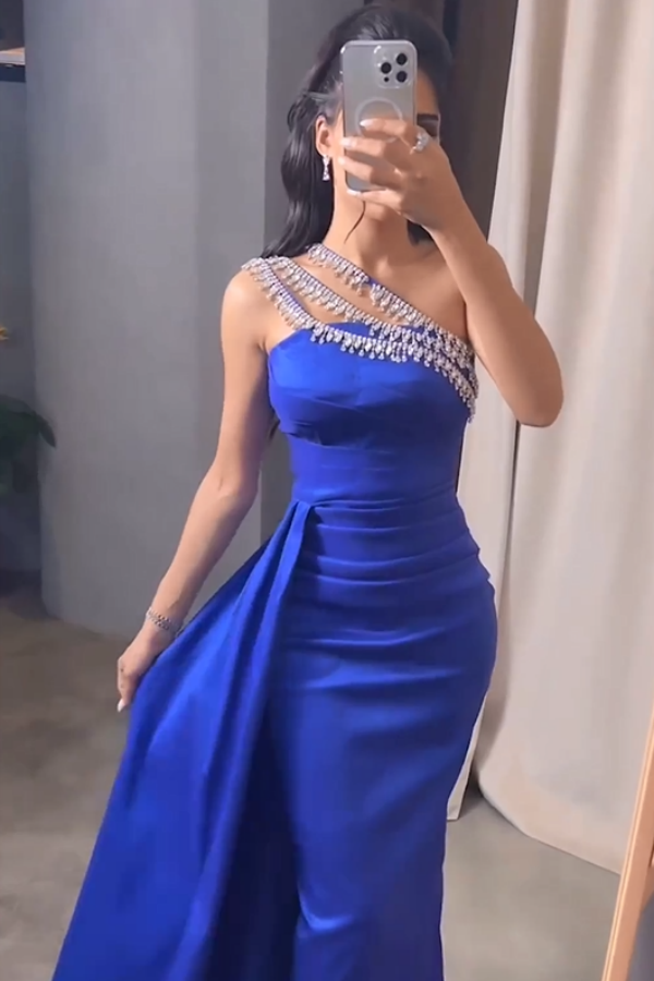 Lisliy Royal Blue One-Shoulder Beaded Prom Dress With Side Trail 