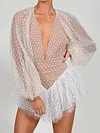 Deep V-Neck Elegant Polka Dot See-Through Falbala Mini Dress