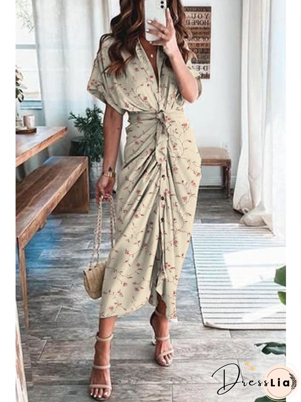 Print Satin Pleated Classy Bandage Shirt Dress