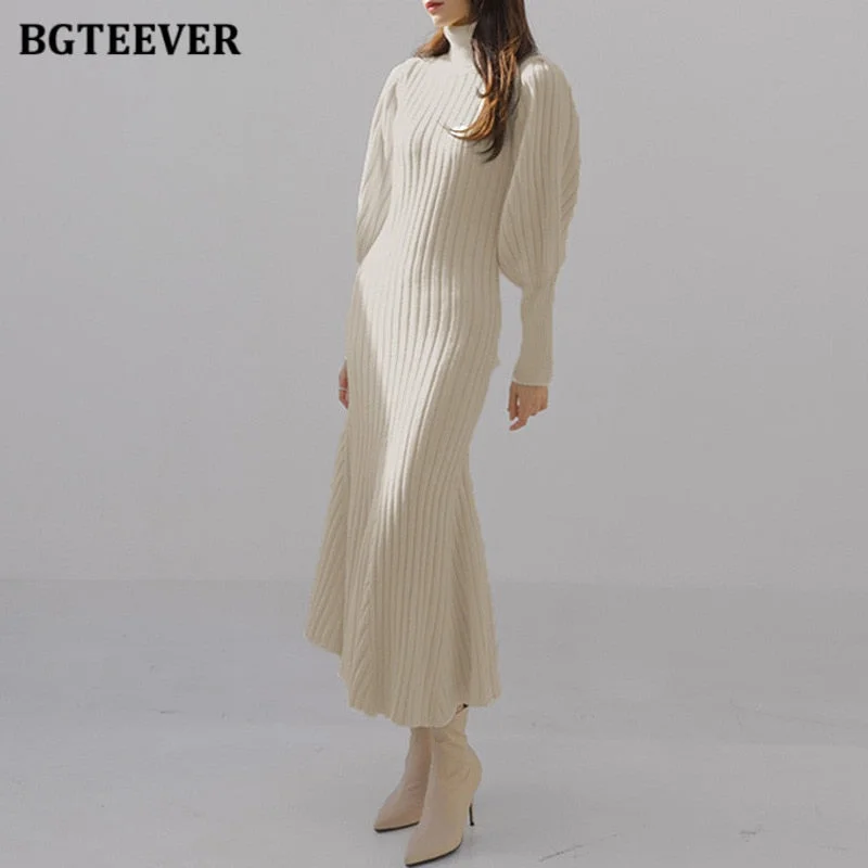 BGTEEVER Autumn Winter Turtleneck Women Knitted Dress 2020 Elegant Thick Full Sleeve Slim Mermaid Vestidos Femme