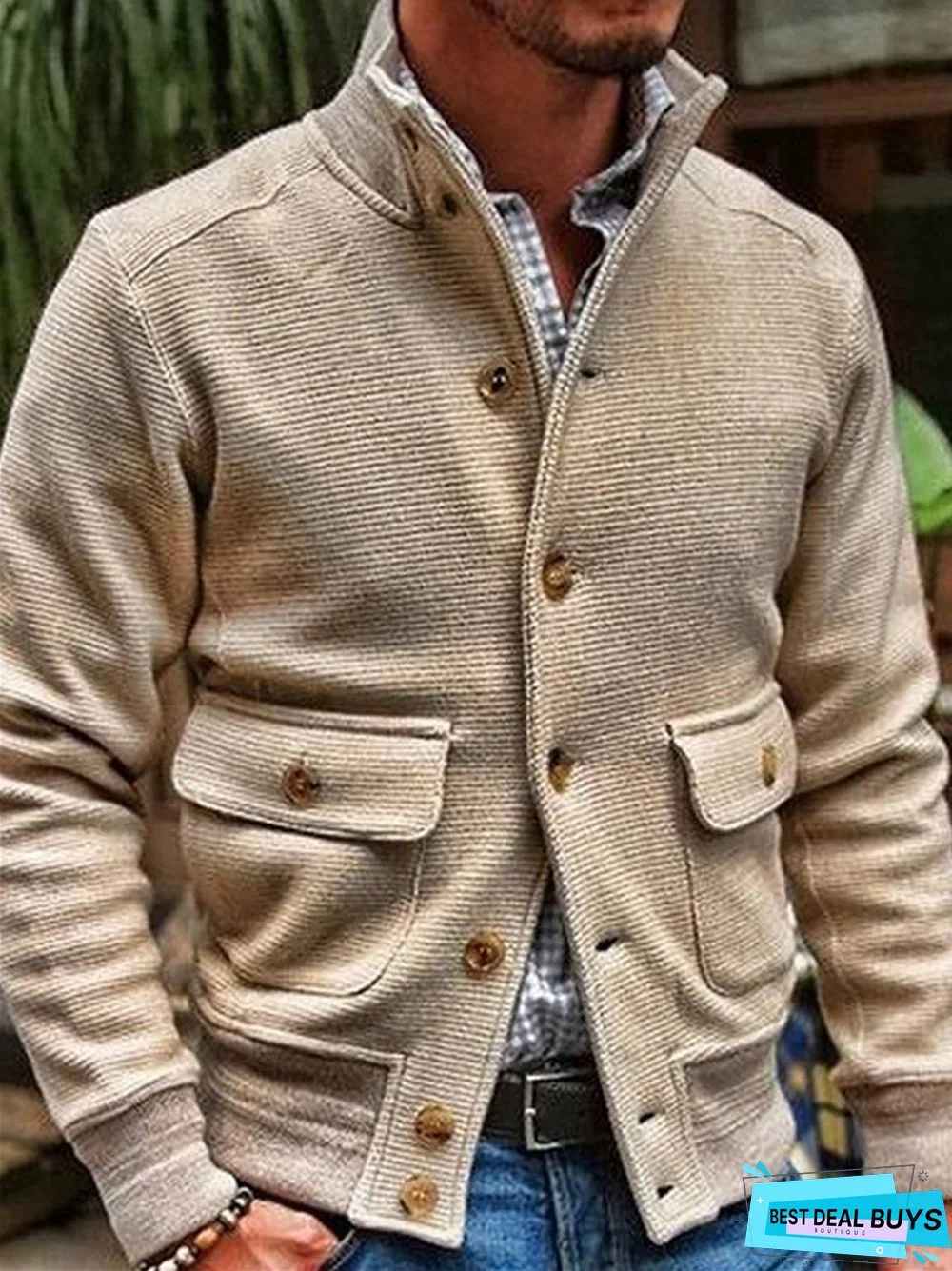 Men's Stand Collar Solid Color Casual Jacket