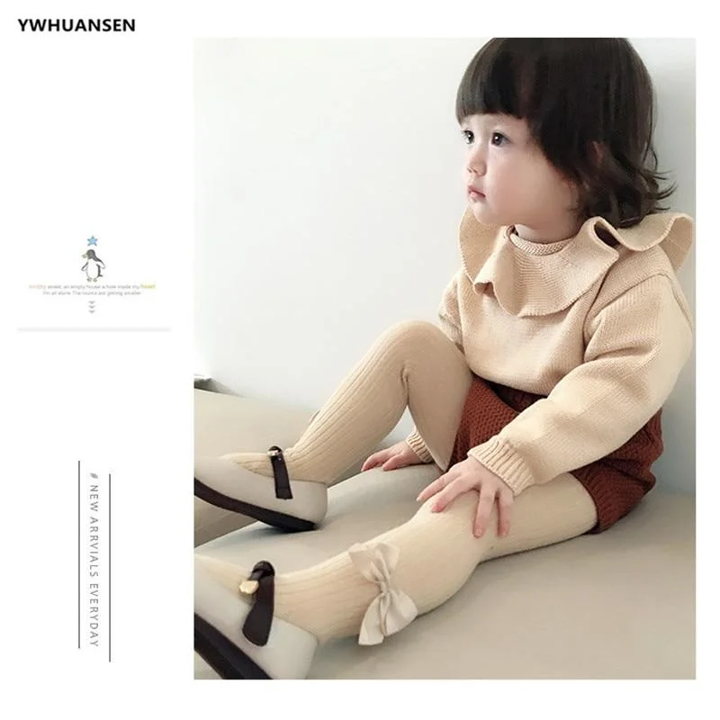 YWHUANSEN 0-10 Yrs Children Spring Autumn Winter Bowknot Tights Cotton Baby Girls Pantyhose Kids Infant Knitted Collant Tights