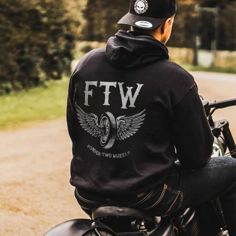 FTW Wheel with Wings FOREVER TWO WHEELS Black Print Hoodie