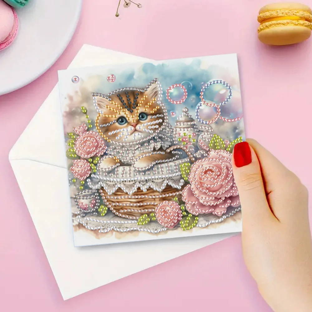 6Pcs 5D DIY Cat Diamond Painting Greeting Card Craft for Friend Family Lover