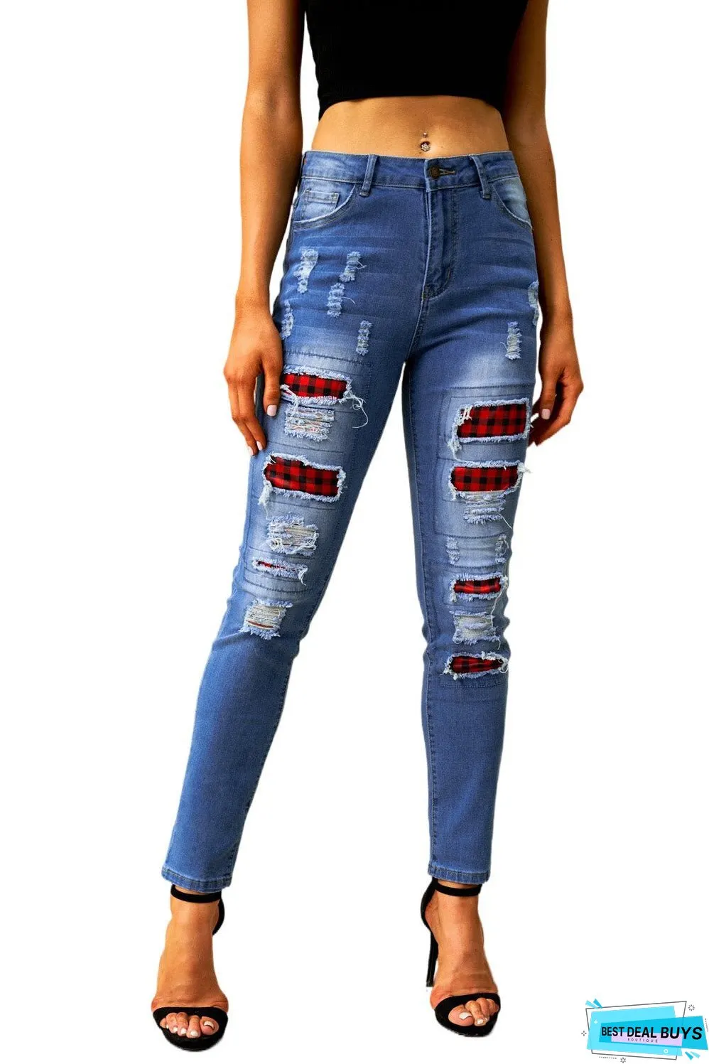 Fashion Blue Ripped Plaid Straight Legs Boyfriend Jeans
