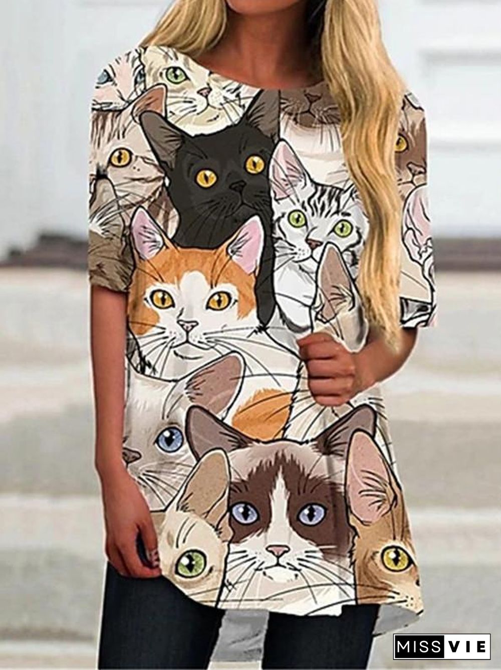 Women Short Sleeve Scoop Neck Animal Print Top