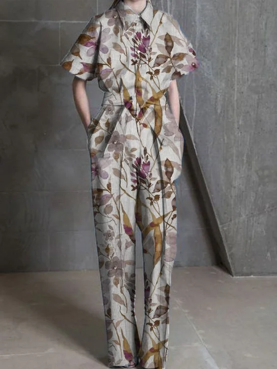Printed Nipped Waist Vintage Shirt Jumpsuit