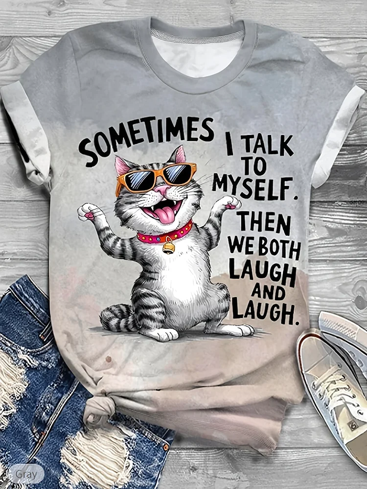 Women's Casual Fashion Bell And Glasses Cat Print T-Shirt, Polyester Knit Fabric, Round Neck Short Sleeve, Spring/Summer Animal Pattern Tee, 95% Polyester 5% Elastane, 180g/M²