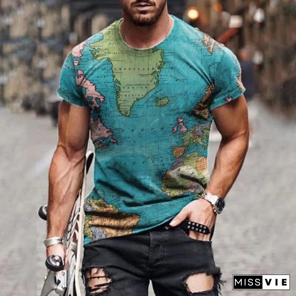 Trendy Men's Round Neck Slim Fit T-shirt Personalized Map Print Short Sleeve