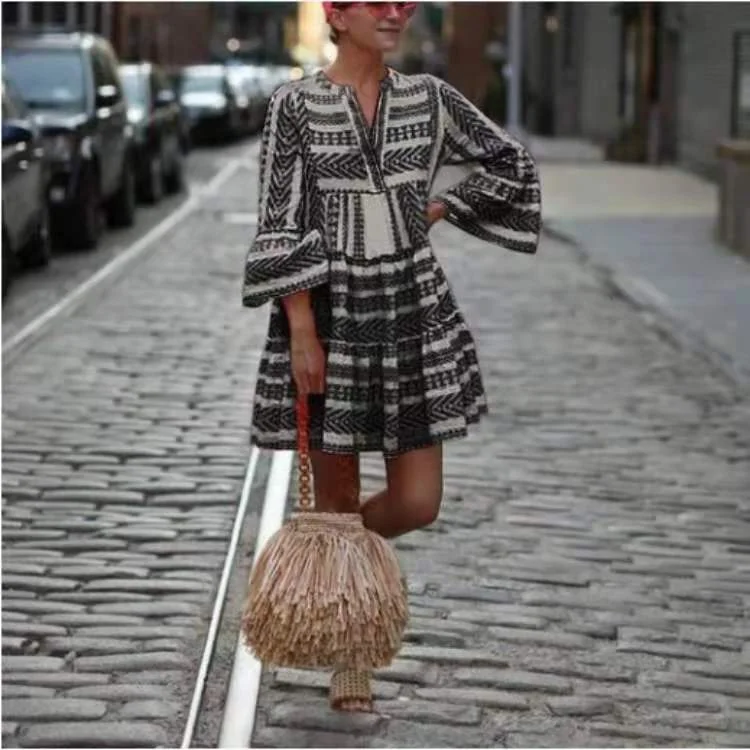 Street Style V Neck Geo Print Dress socialshop