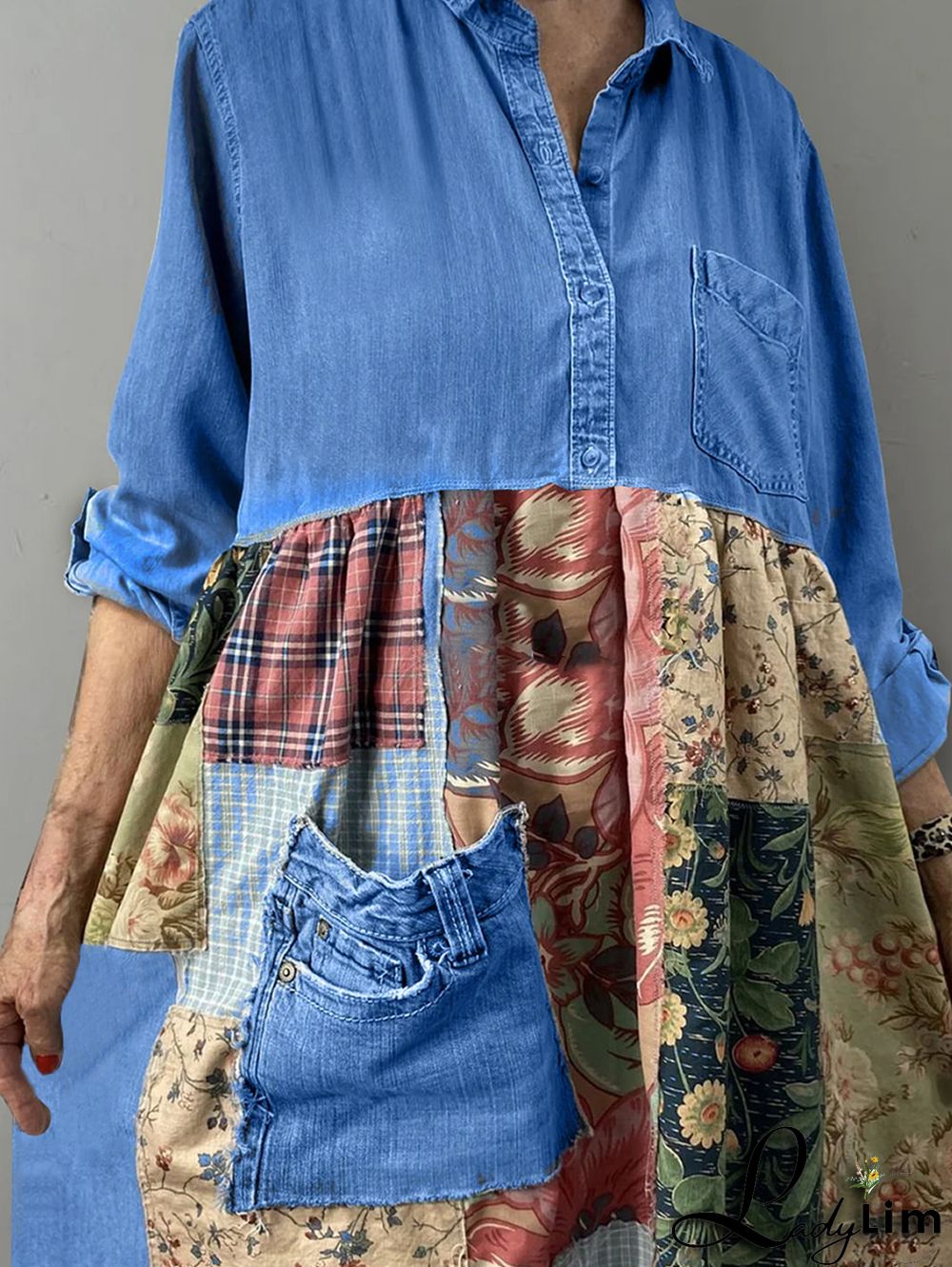 Casual Boho Patchwork Turndown Collar Denim Midi Dress