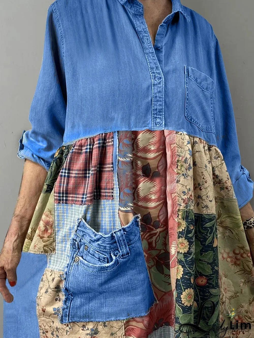 Casual Boho Patchwork Turndown Collar Denim Midi Dress