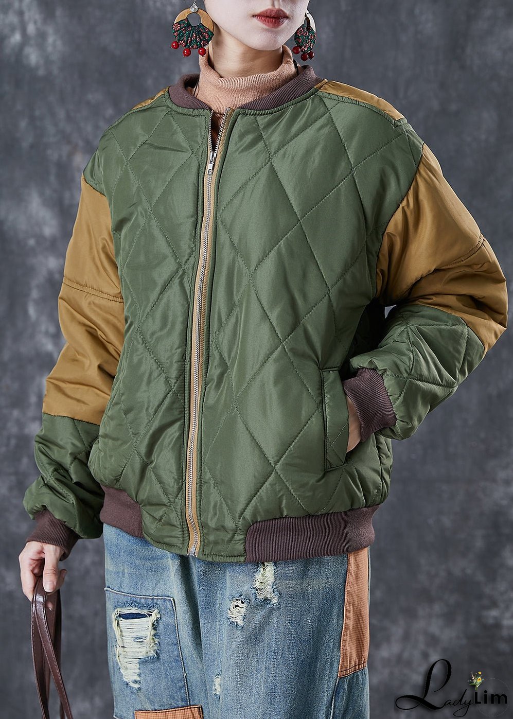 Art Army Green Zip Up Patchwork Fine Cotton Filled Parkas Winter