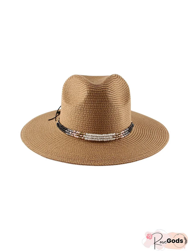 Beach Resort Wind Sun Protection Woven Ethnic Beaded Straw Hat