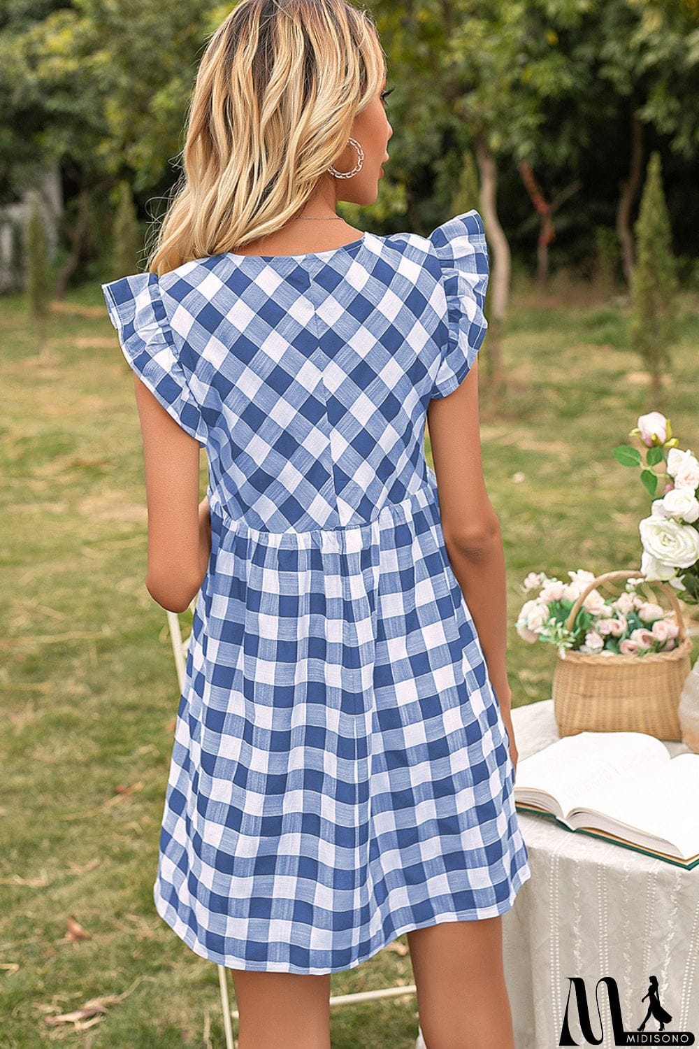 MidiSono - Plaid Butterfly Sleeve Deep V Dress