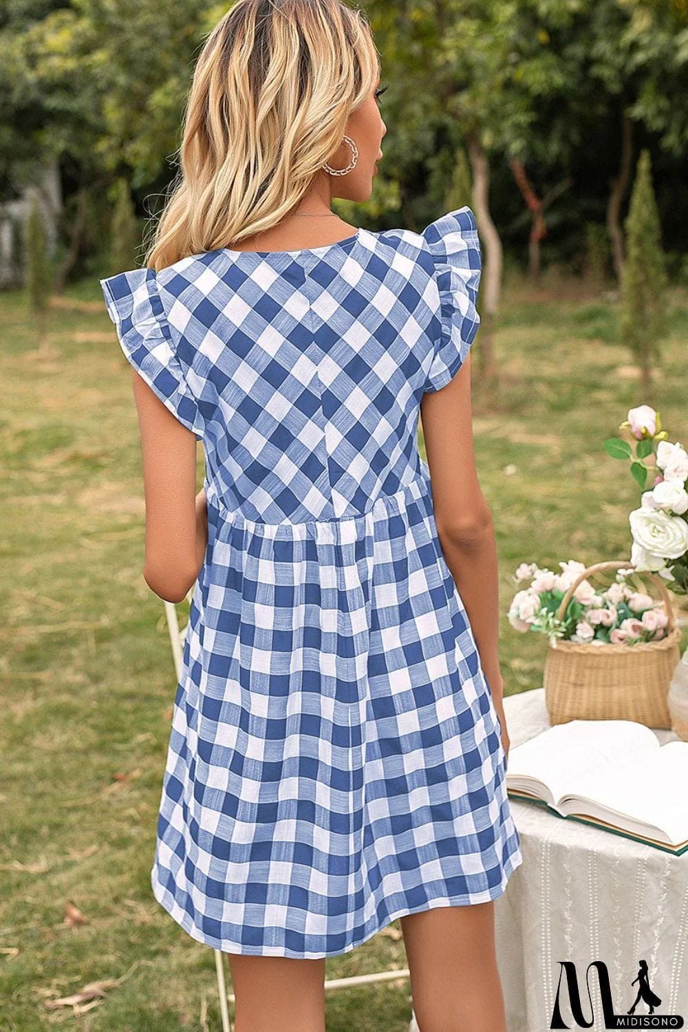 MidiSono - Plaid Butterfly Sleeve Deep V Dress