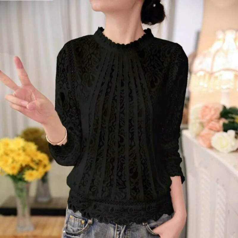 Fashion Lace Blouse Shirt Women's Tops And Blouses 2023 Long Sleeve  Hollow Lace Top Female Blusa Feminina A179
