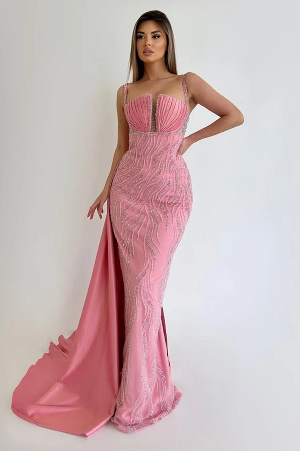Daisda Pink Spaghetti Strap Sequins Beaded Sleeveless Mermaid Prom Dress with Ruffle