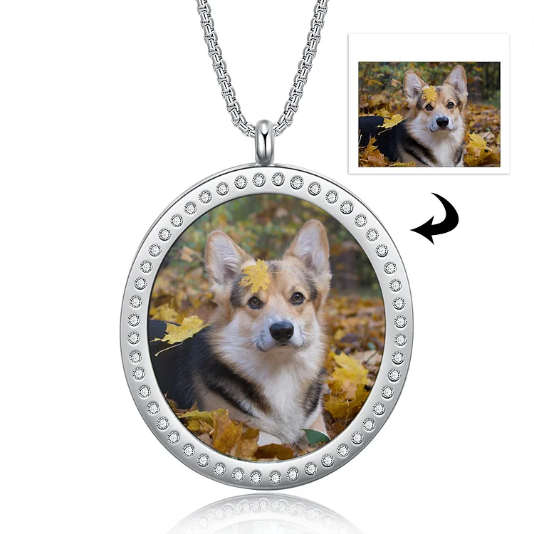 Personalized Picture Engraved Necklace, Rhinestone Crystal Round Shape Picture Necklace, Custom Necklace with Picture and Text