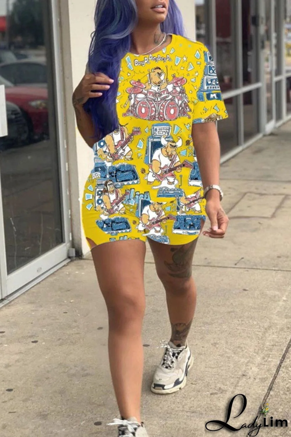 Green Street Print Patchwork O Neck Short Sleeve Two Pieces