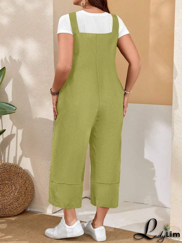 Plus Size Women's Black Overalls With Adjustable Straps, Button Closure And Pockets On Split Legs For Spring