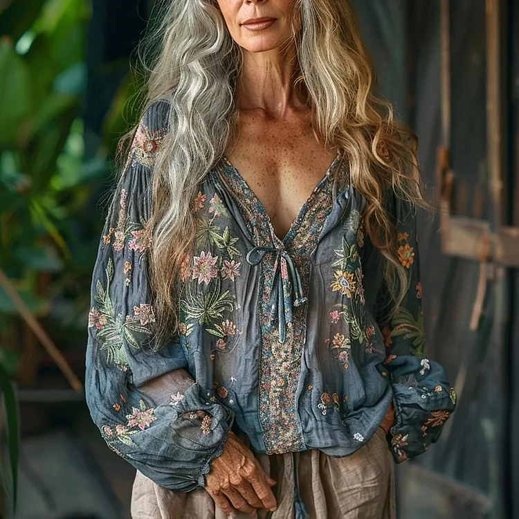 Women's Linen Bohemian Ethnic Floral Loose Shirt