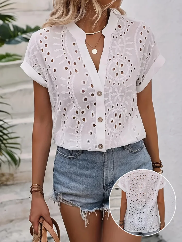 Solid Hole Button-Up Shirt, Casual Short-Sleeve Shirt For Spring And Summer, Women's Clothing