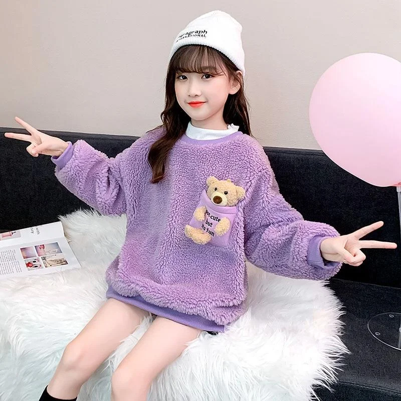 Loose Bear Winter Warm Clothes Girls Sweater Kids Plus Velvet Toddler Teens Tops Thicken Children Cute High Quality Christmas