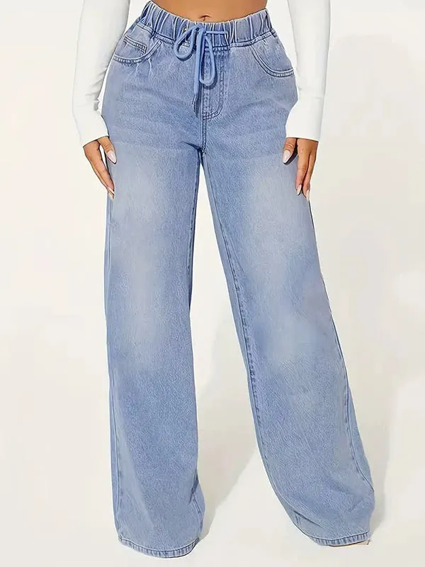 High Waisted Loose Drawstring Elasticity Split-Joint Jean Pants Bottoms