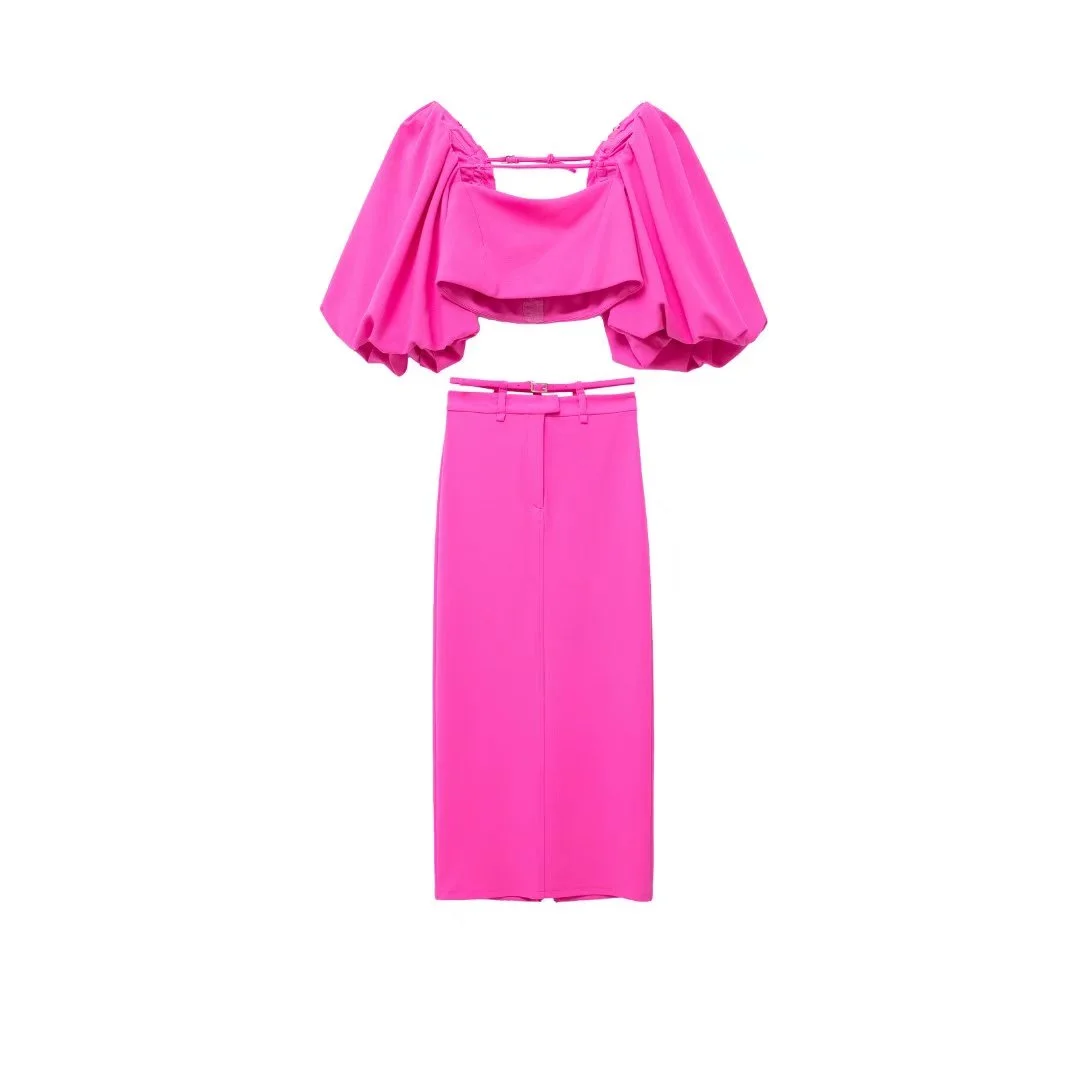 Back to school  2022 Rose Red Cropped Top Women Sexy Backpack Hip Skirt Short Puff Sleeve Top Women Fashion Summer Streetwear