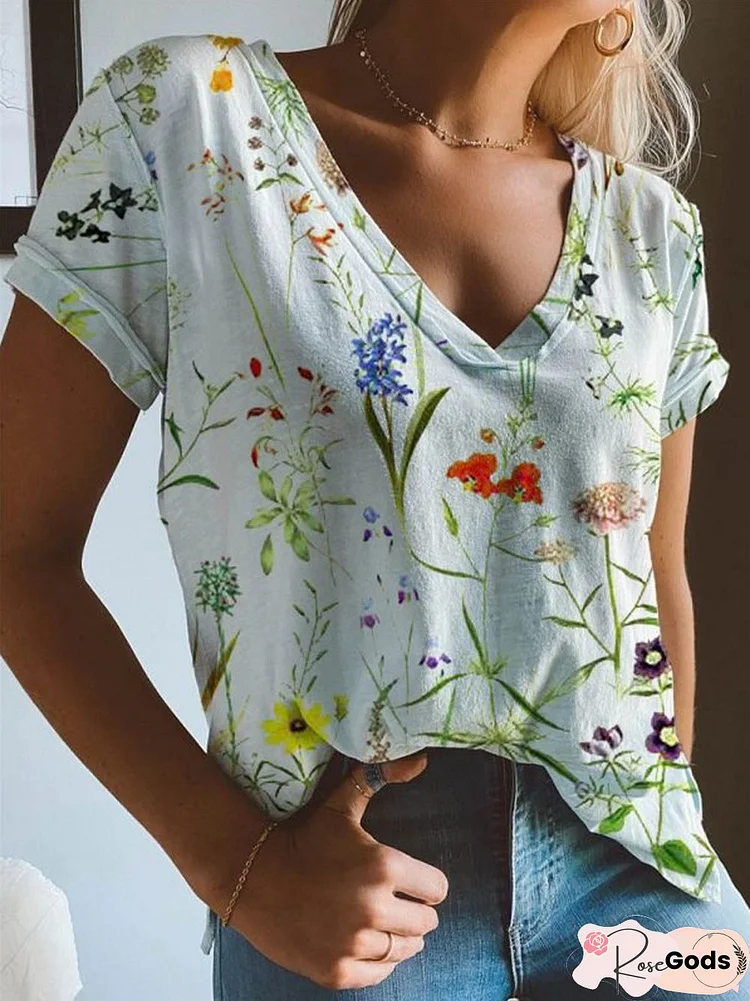 V Neck Floral Short Sleeve T-Shirt