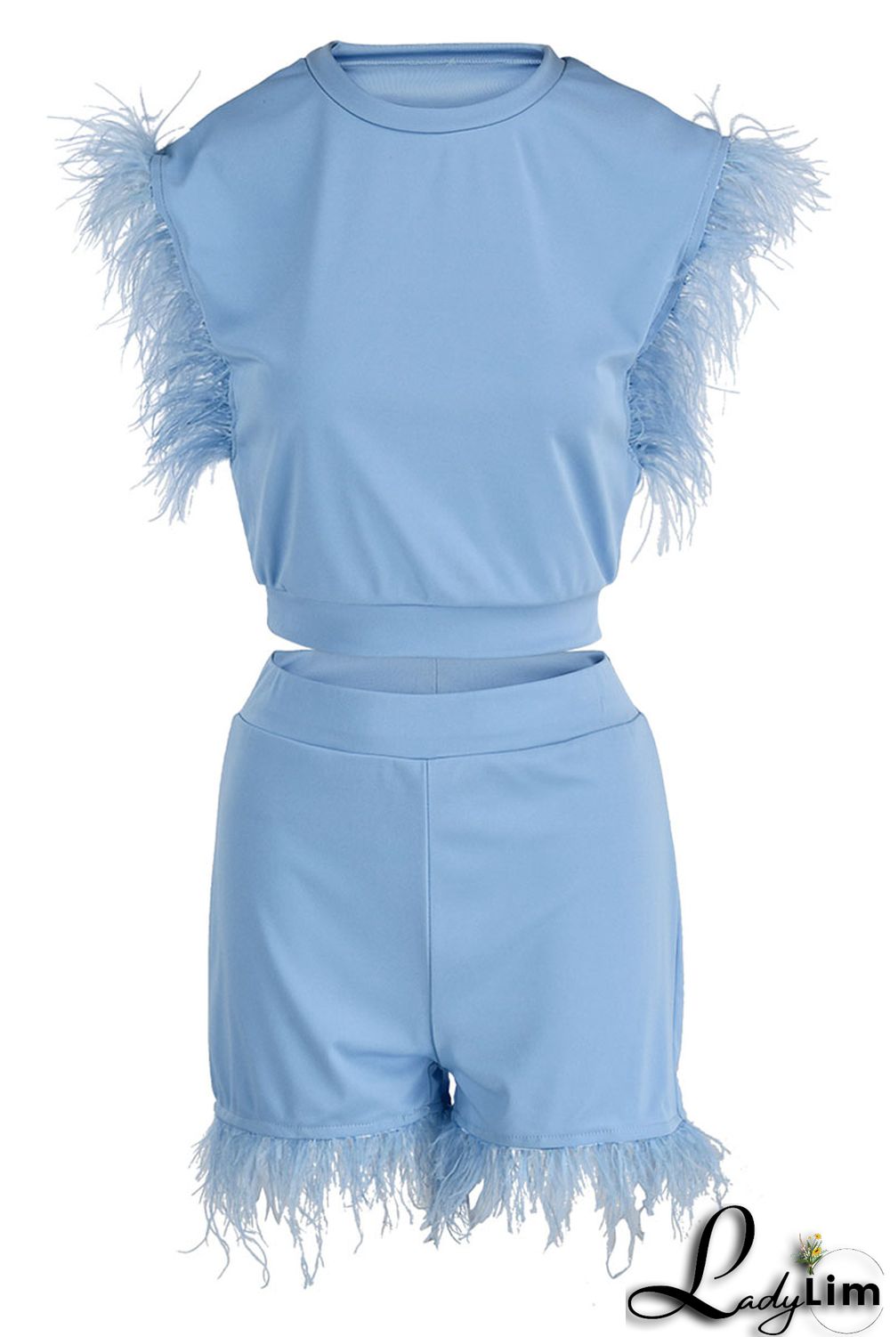 Cyan Fashion Casual Solid Patchwork Feathers O Neck Sleeveless Two Pieces