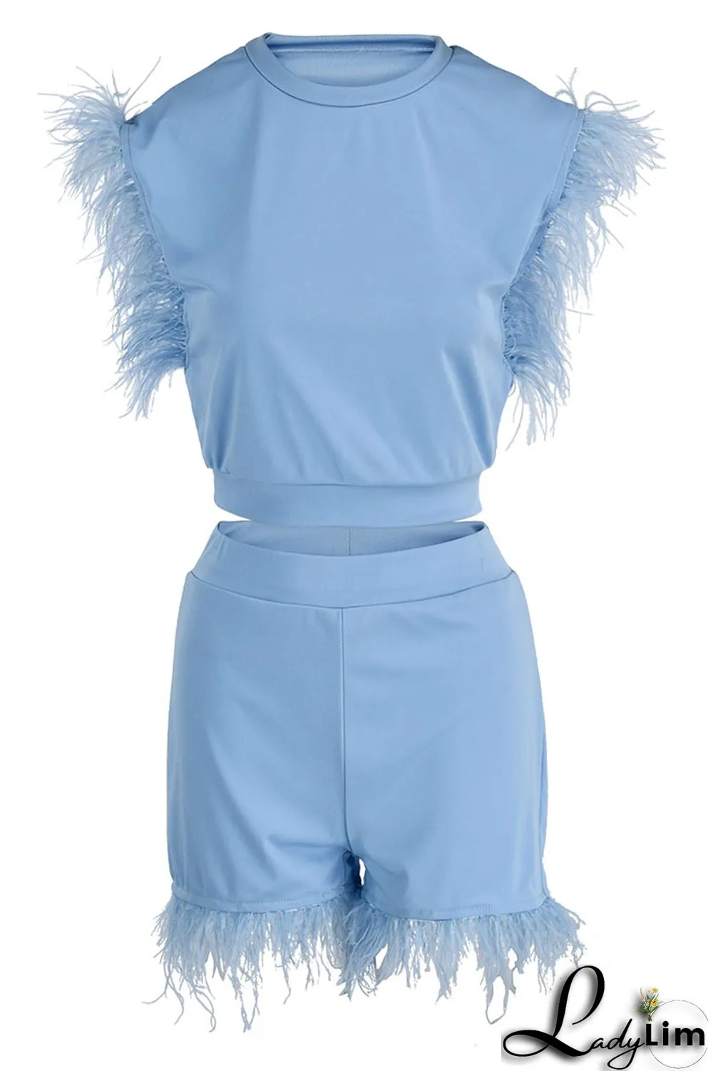 Cyan Fashion Casual Solid Patchwork Feathers O Neck Sleeveless Two Pieces