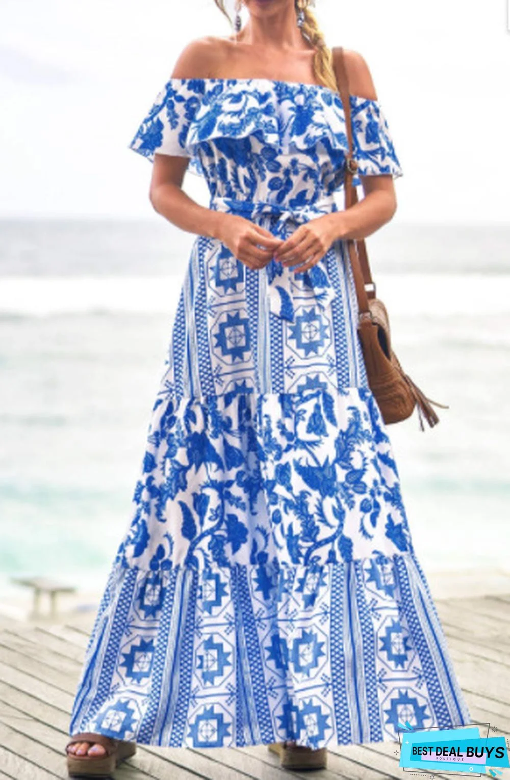 Printed Dress with One-Line Collar and High Waist For Women