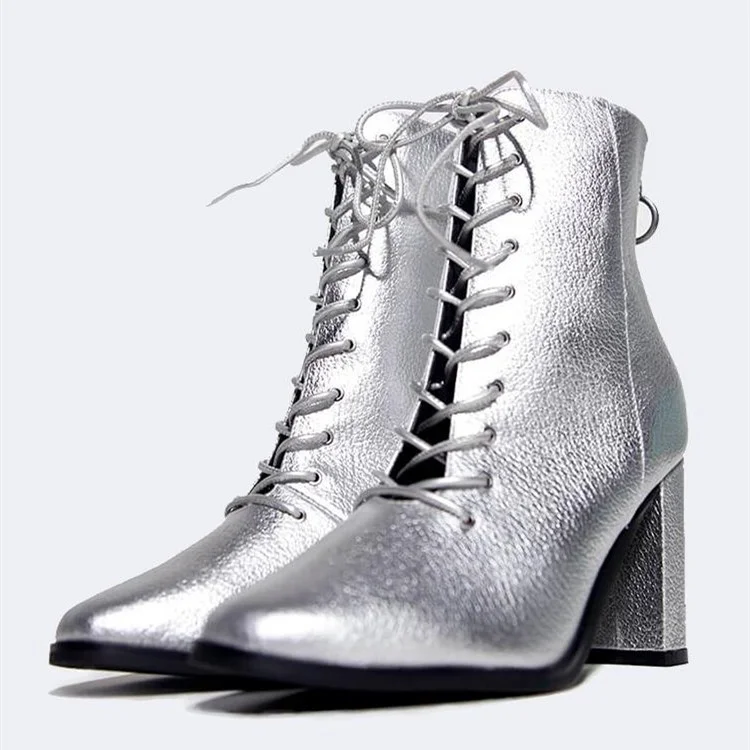 Silver Metallic Lace Up Boots Chunky Heel Ankle Boots |FSJ Shoes