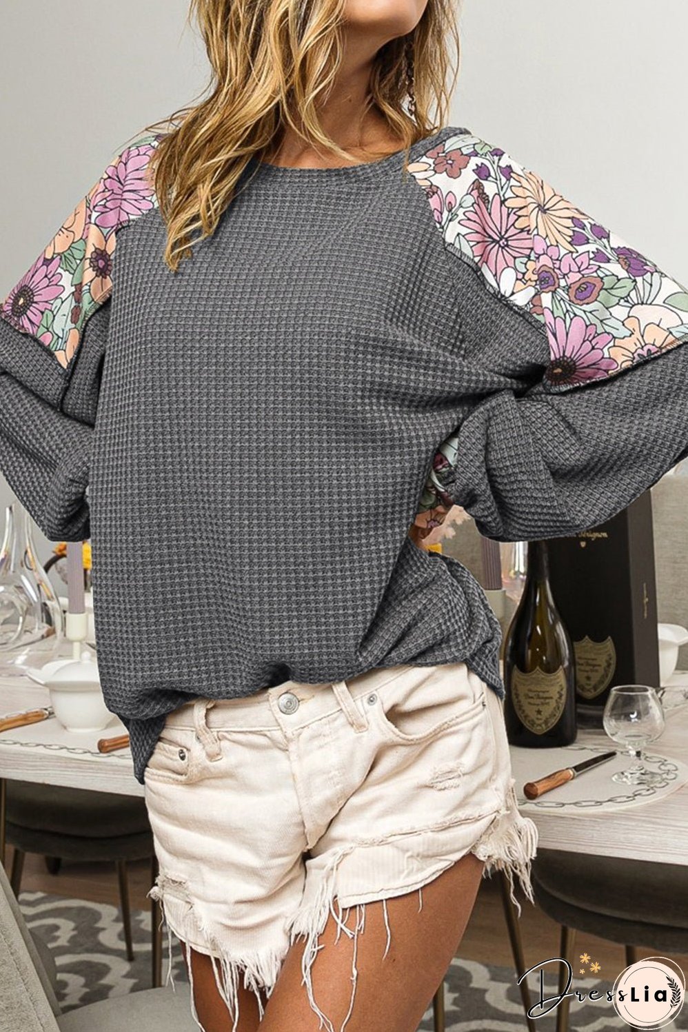 Gray Floral Patchwork Textured Lantern Sleeve Top