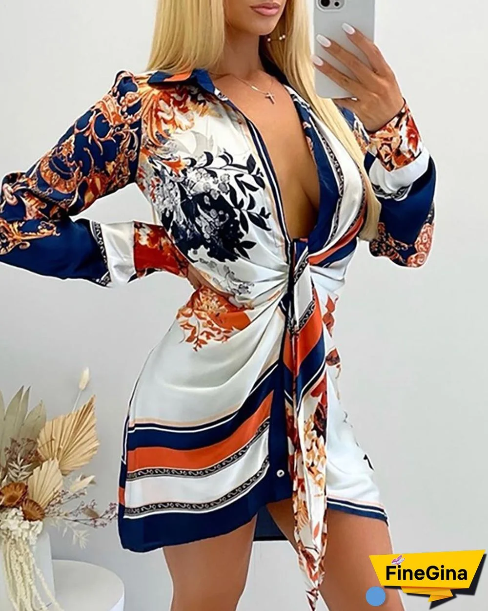 Scarf Print Long Sleeve Shirt Dress P14548