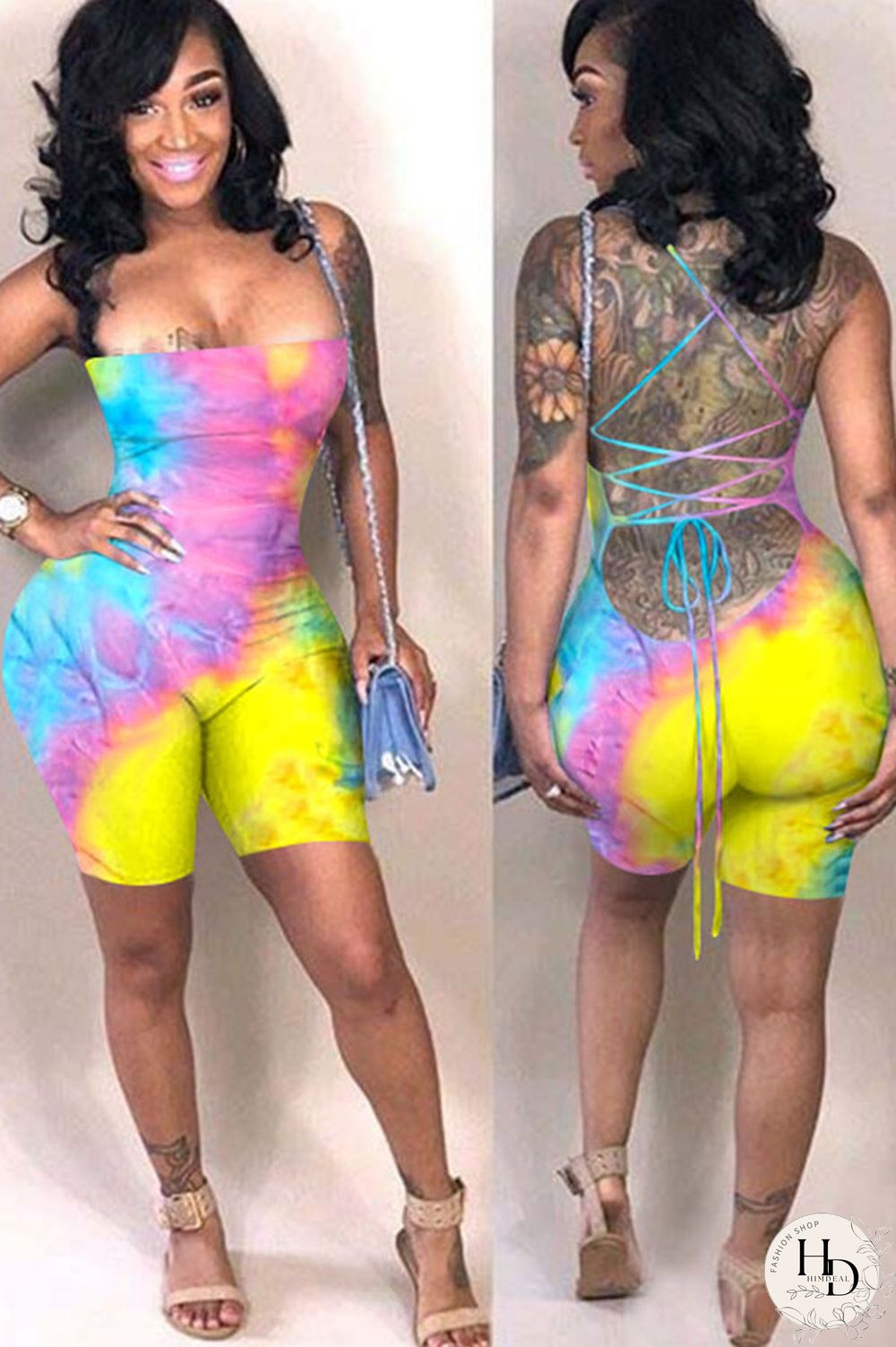 Green Fashion Sexy Coloured drawing Backless Polyester Sleeveless Slip Jumpsuits