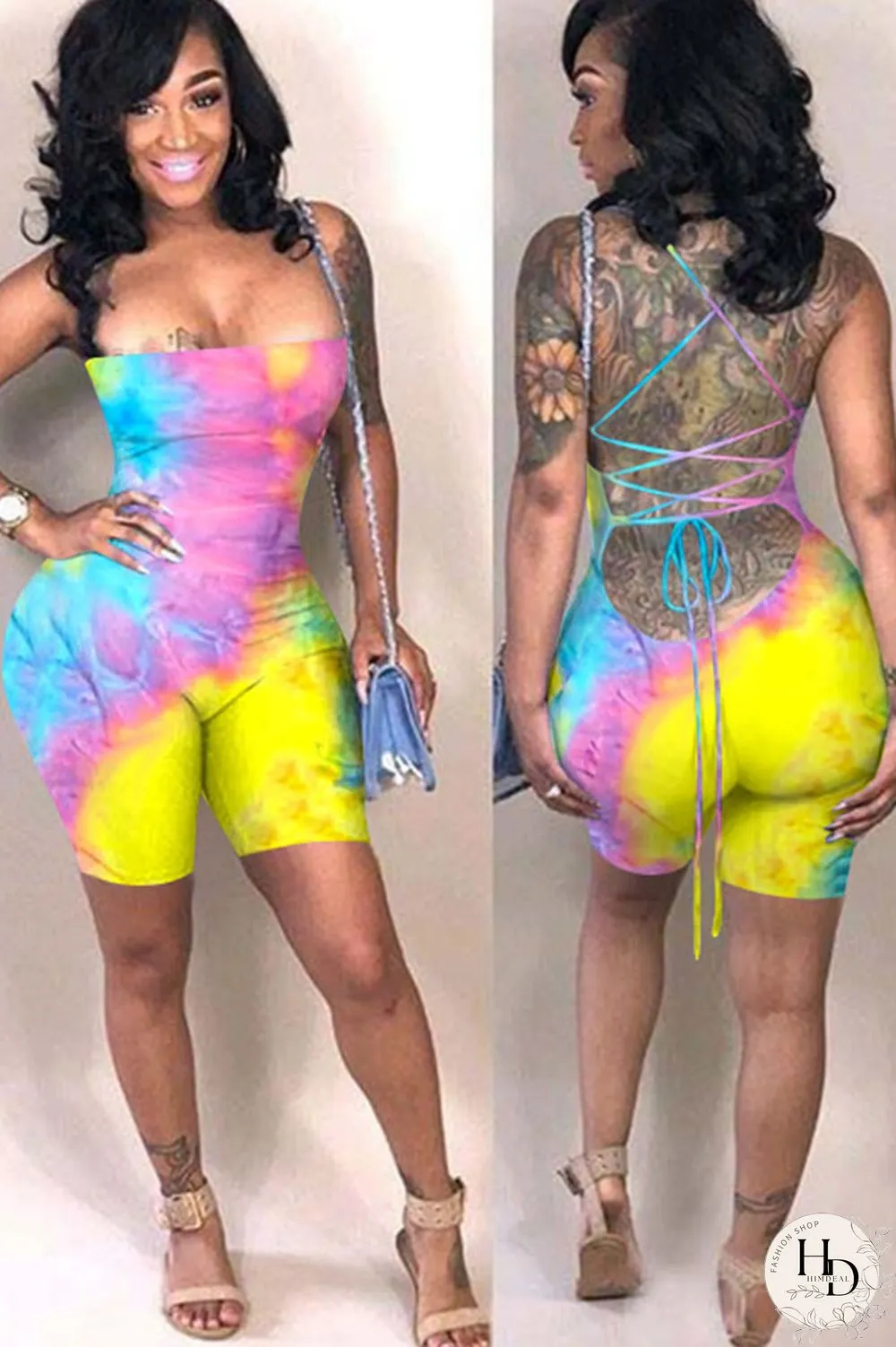 Green Fashion Sexy Coloured drawing Backless Polyester Sleeveless Slip Jumpsuits