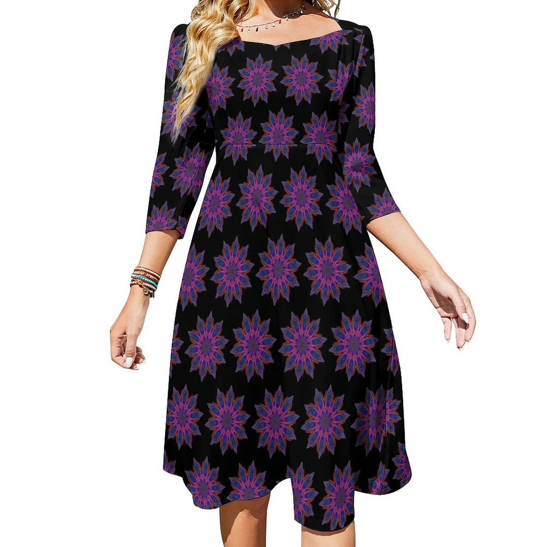Pink Black Lotus Mandala Dress Sweetheart Tie Back Flared 3/4 Sleeve Midi Dresses