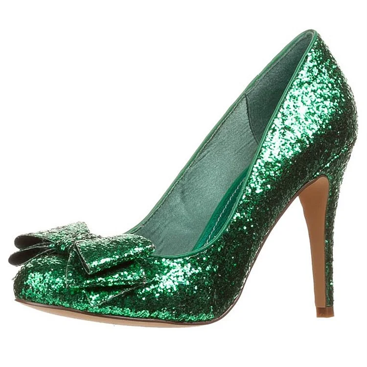 Green Glitter Bow Chunky Heel Pumps Vdcoo