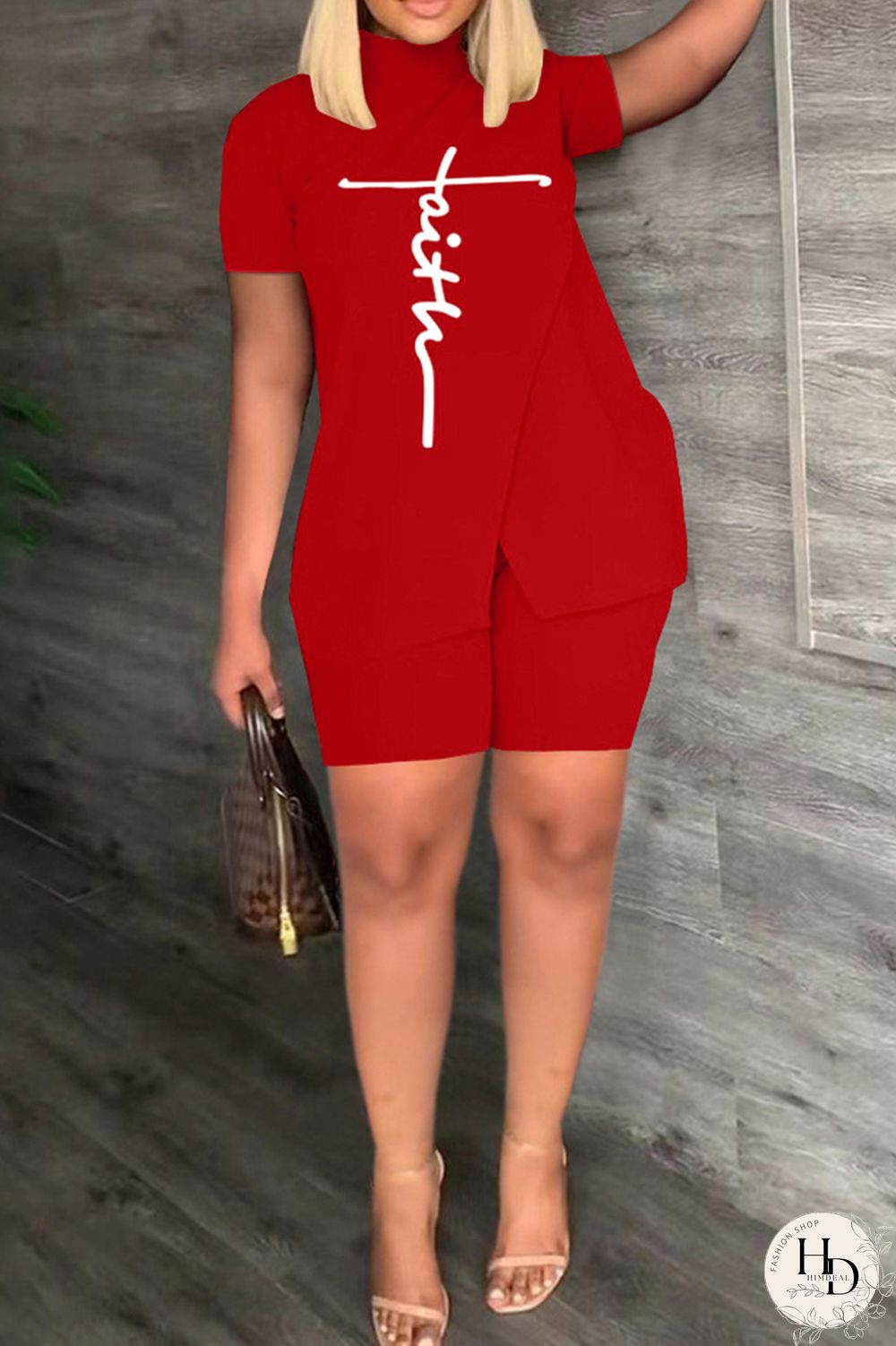 Khaki Casual Print Slit Turtleneck Short Sleeve Two Pieces