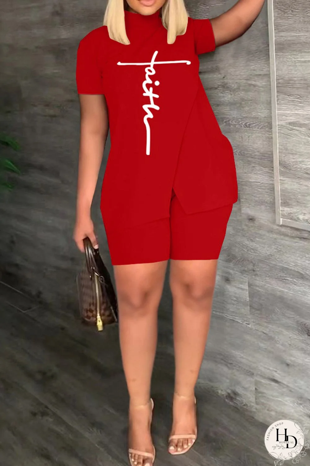 Khaki Casual Print Slit Turtleneck Short Sleeve Two Pieces