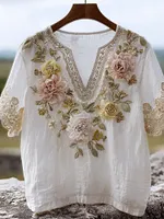 Women's Rose Embroidered Linen Blend T-shirt