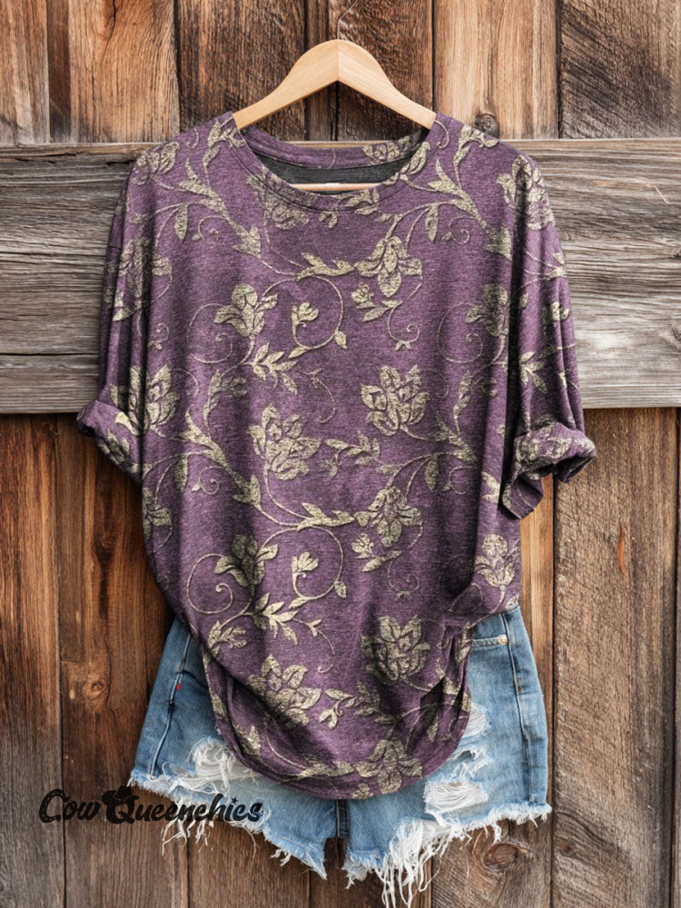 Vintage Floral Print Long-sleeved Casual T-shirt Multicolor / S