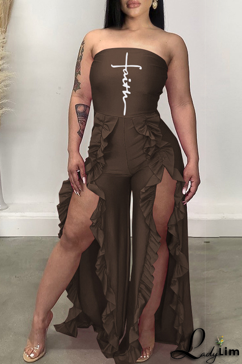 Tangerine Red Sexy Print Flounce Strapless Boot Cut Jumpsuits